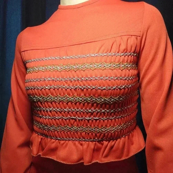 Vintage 60s bright red, gold, and silver babydoll long bell-sleeved maxi dress - Picture 7 of 15